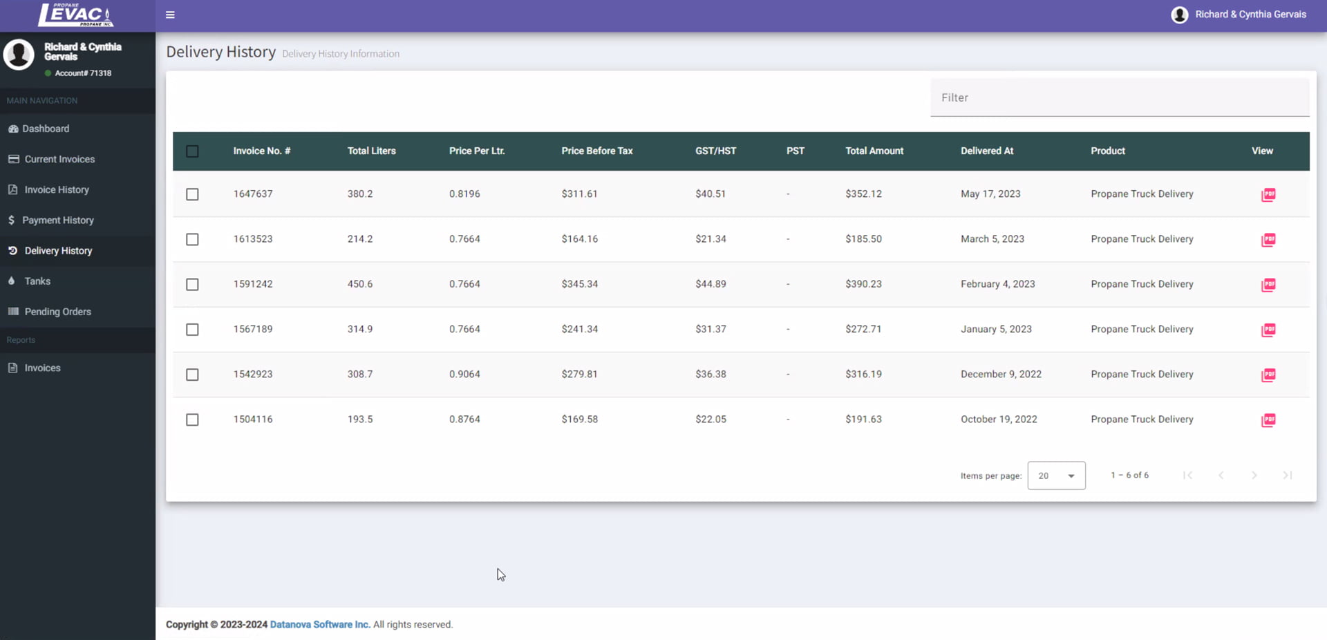 Delivery history tracking interface of logistics software