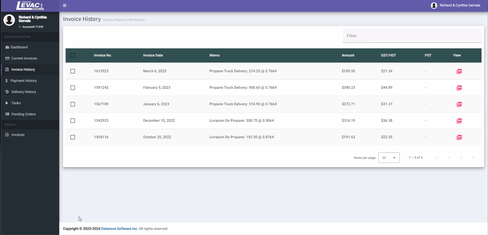 Screenshot of an invoice history management system interface