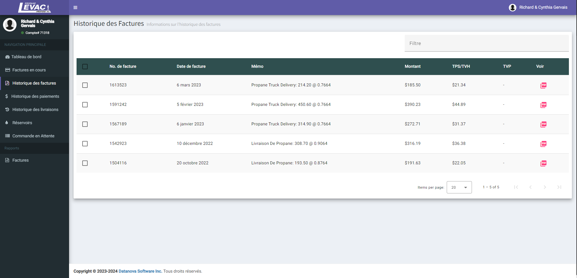 Invoice history FRA - Propane Levac
